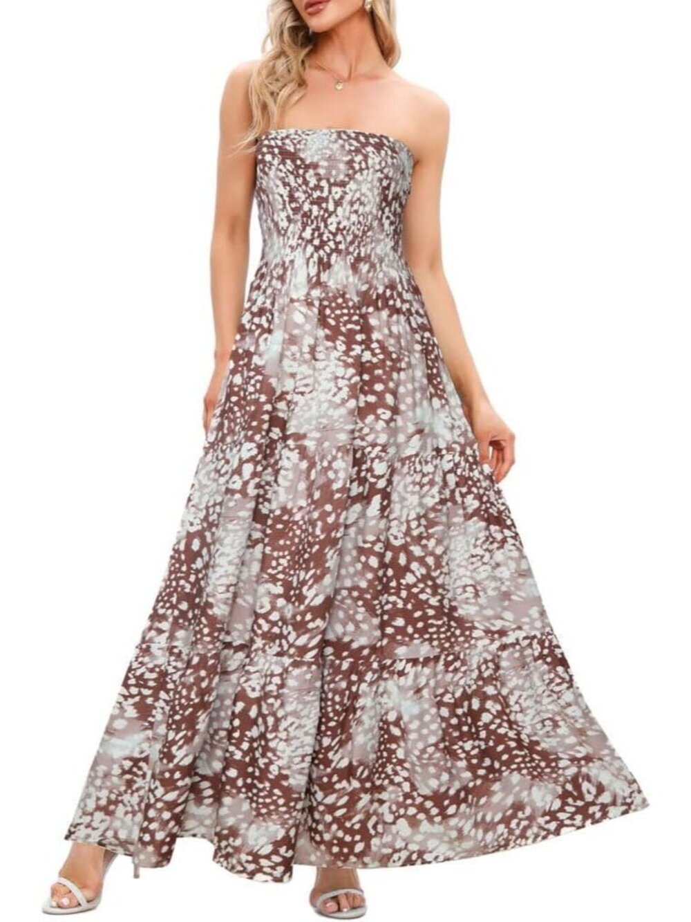 Women's Brown Leopard Casual Off Shoulder Strapless Tube Top Beach Maxi Dress